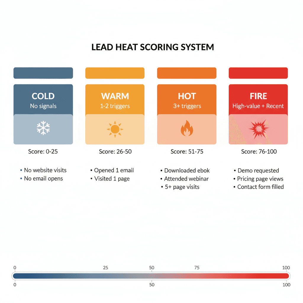 Lead Heat Scoring System: Cold (0-25), Warm (26-50), Hot (51-75), Fire (76-100)